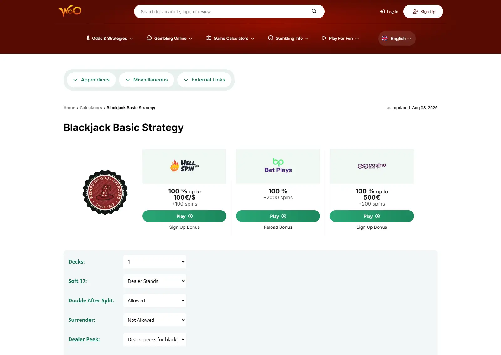 Wizard of Odds blackjack basic strategy calculator with rule inputs and strategy output visible