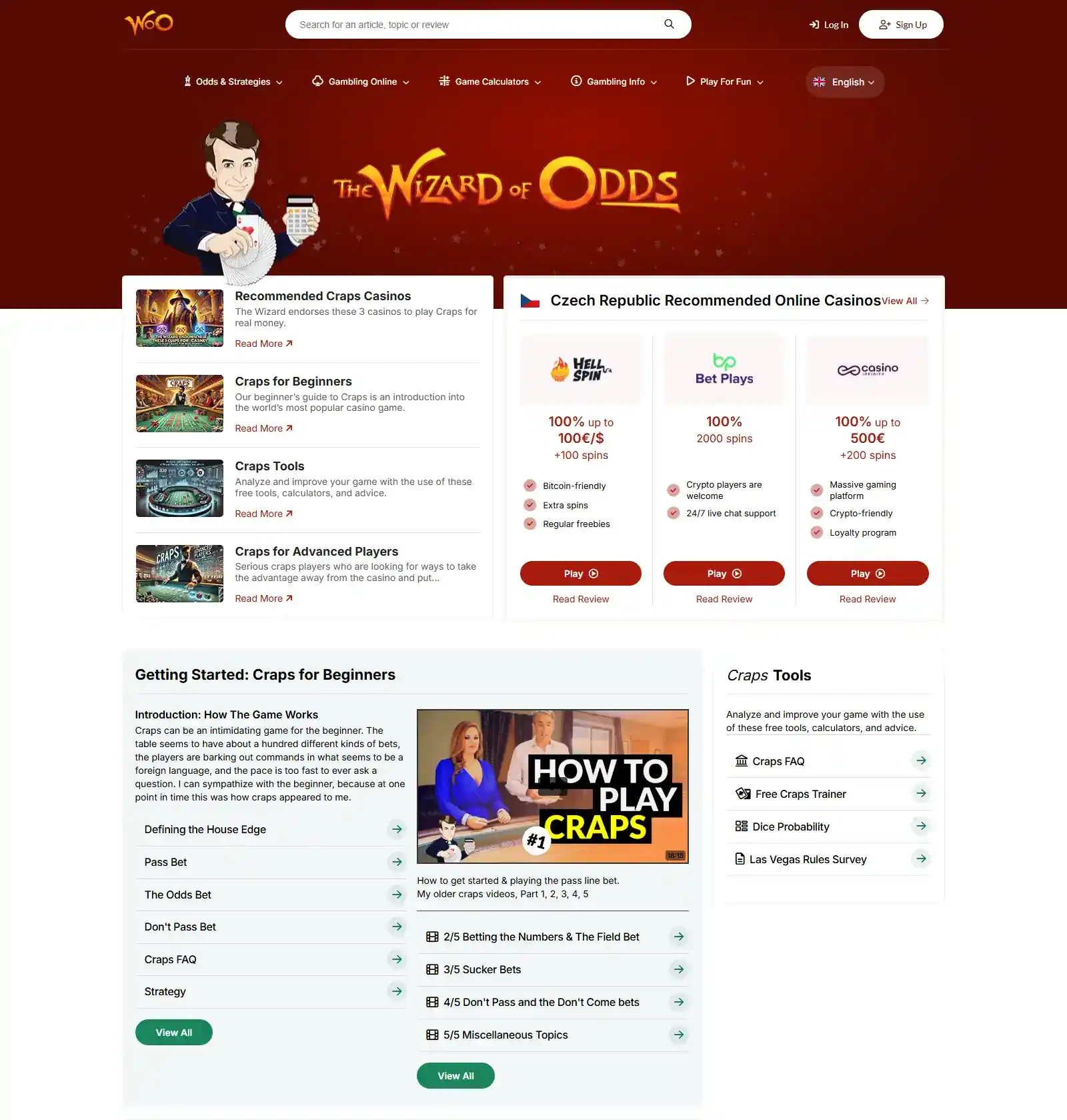 Wizard of Odds craps analysis page showing odds and house-edge information