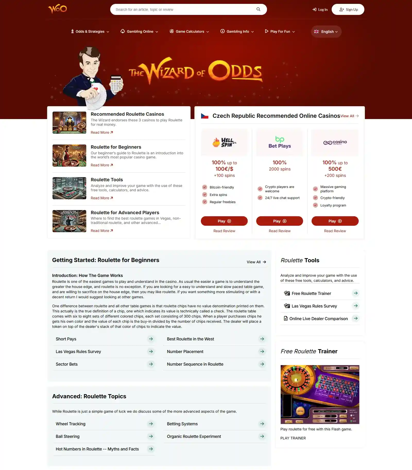 Wizard of Odds roulette odds page showing probability tables