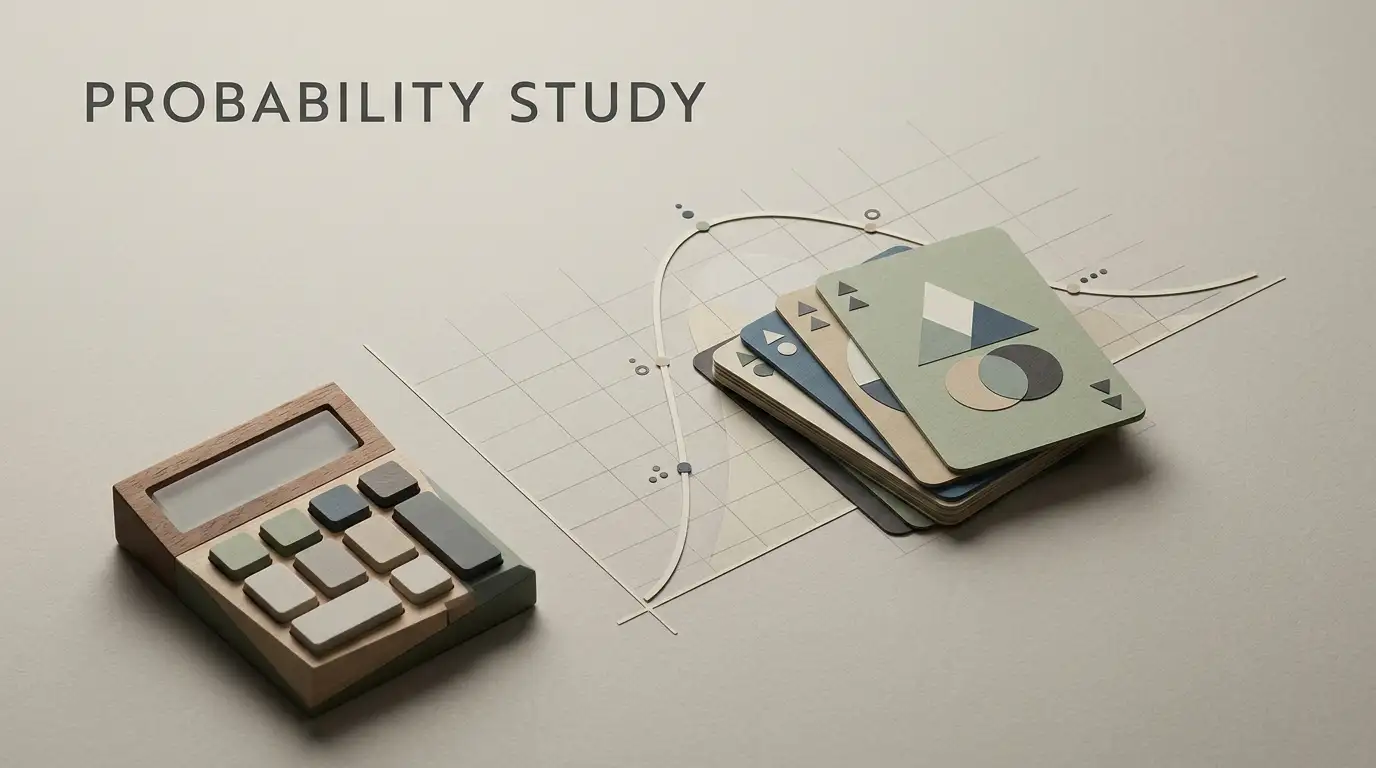 Editorial illustration of probability, playing cards and analytical charts for a gambling mathematics guide